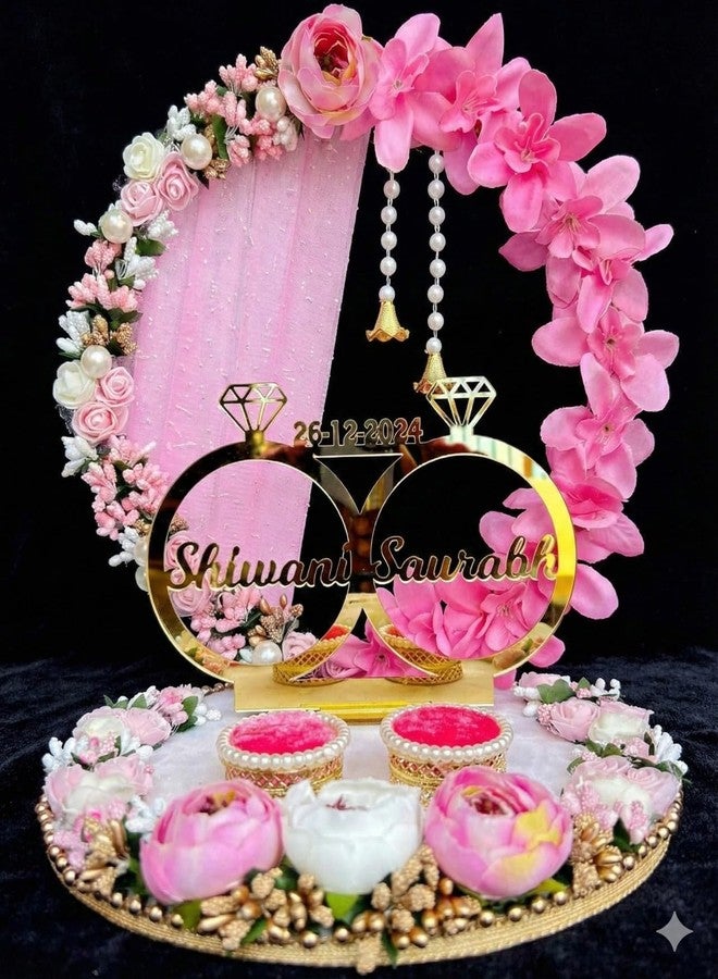 Mridang Acrylic Designer Pink Floral Theme with White Base Round Ring Platter for Ring Ceremony/Customizable Name and Ceremony Date(Anniversary/Engagement/Wedding Ring Platter/Marriage Decor) - Image 1